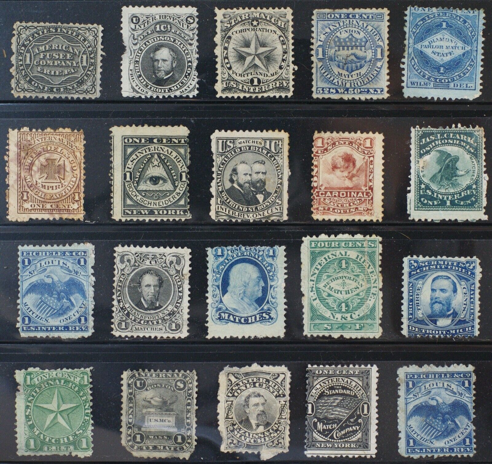 Lot Of 20 Match Ro Us Revenue Private Die Proprietary Stamps