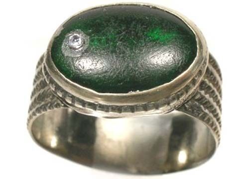 17thc Russian Ukraine Crimean Tatars Silver Ring Tourmaline Green Glass Gem Sz8½