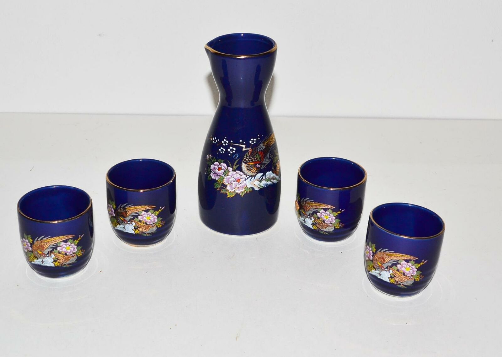 Made In Japan 4 Blue Tea Cups And  Pouring Pitcher Gold Trim Birds & Flowers