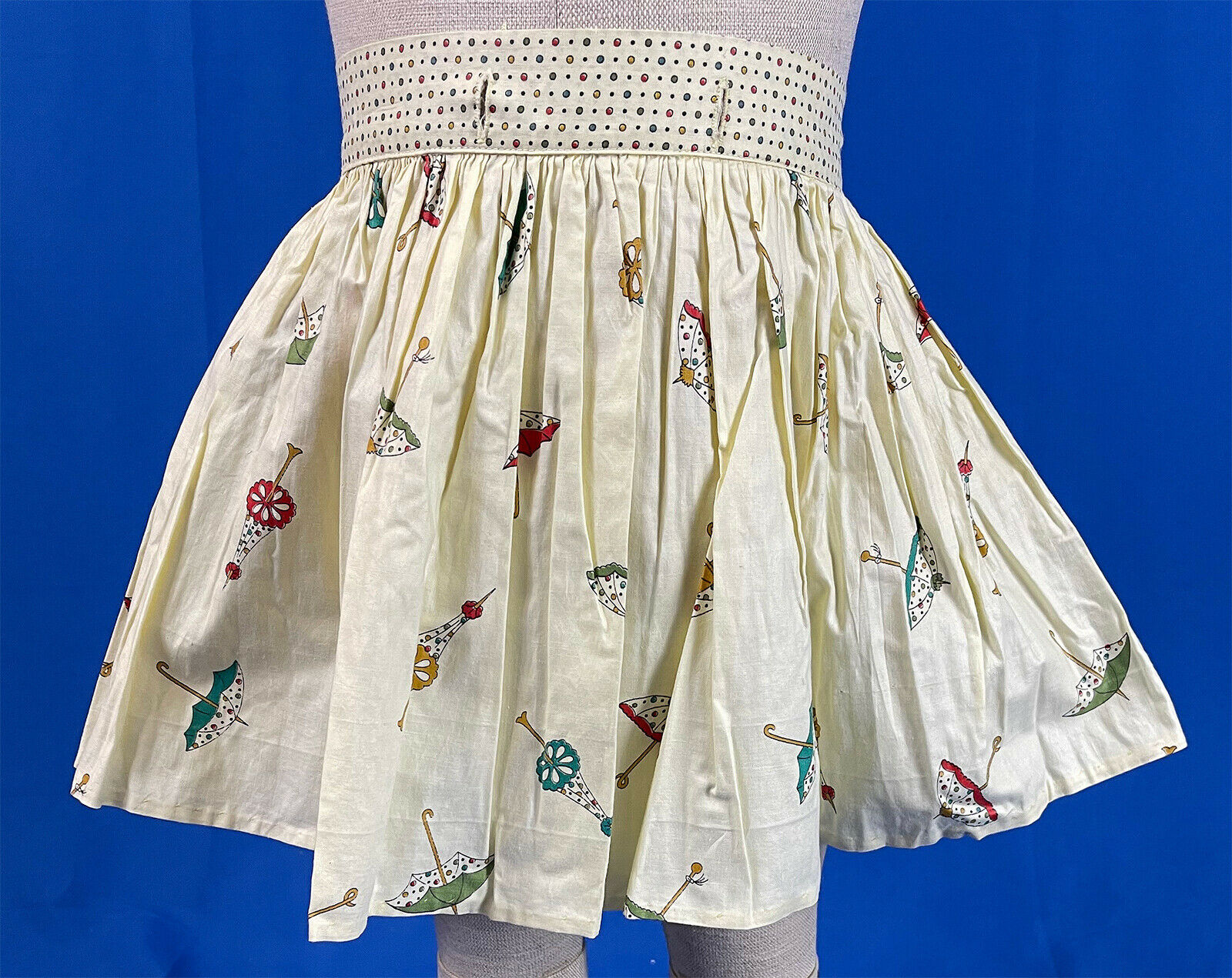 VTG 1950s Child's Yellow Umbrella Parasol Polka Dot Novelty Print Circle Skirt