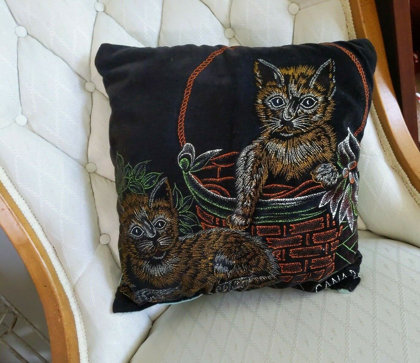 Vint Kitty Cat Kittens Black Velvet~hand Painted~toss Throw Accent Pillow 14x14