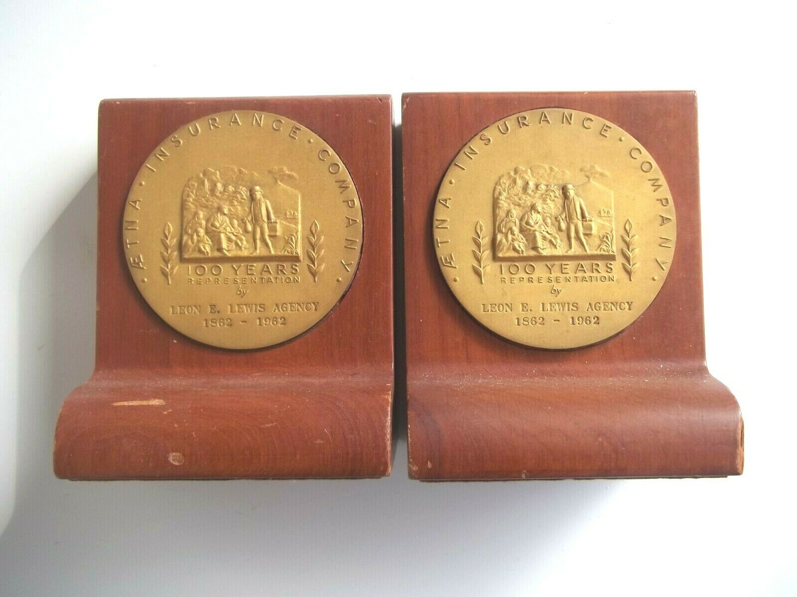 RARE 1862-1962 100 YRS AETNA Insurance Co bronze/brass Wood Advertising Bookends