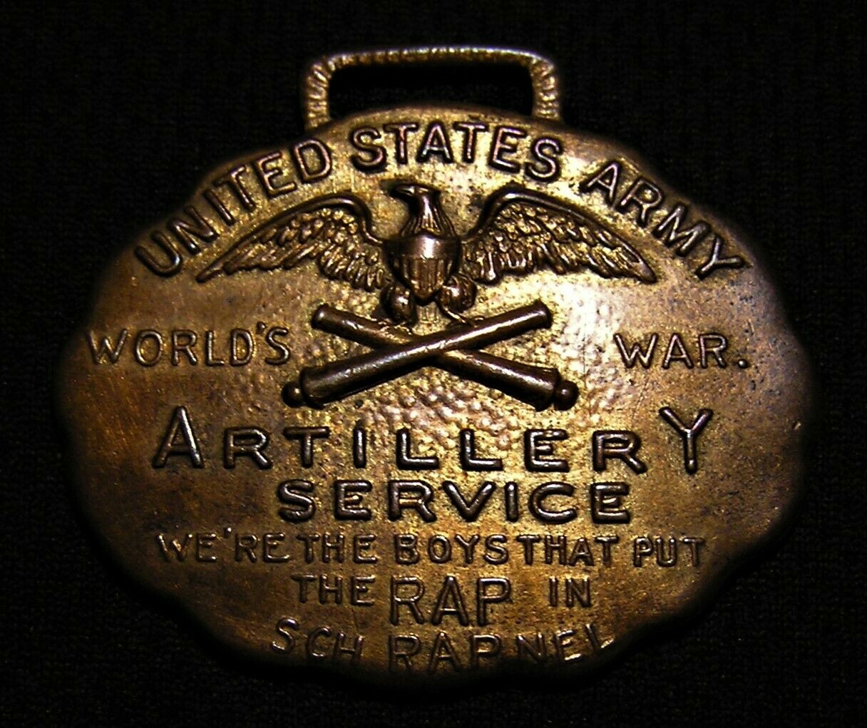 Rare Wwi Us Army Artillery Service "put The Rap In Shrapnel" Watch Fob Medal Ww1