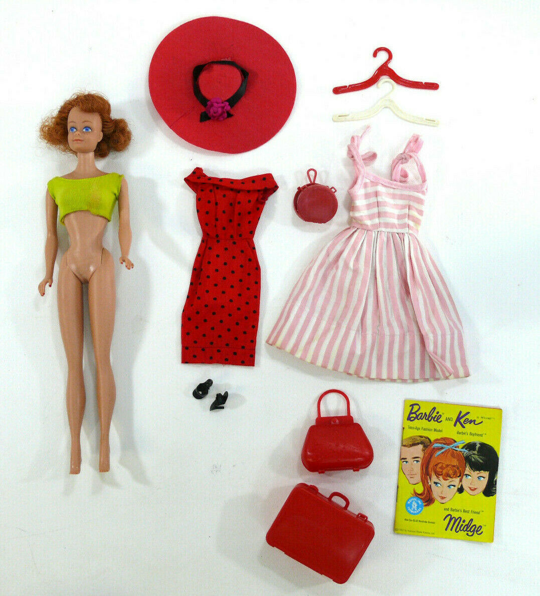 Vintage Barbie Midge Doll Titian Hair Straight Leg #860 + Clothing Dress + Book