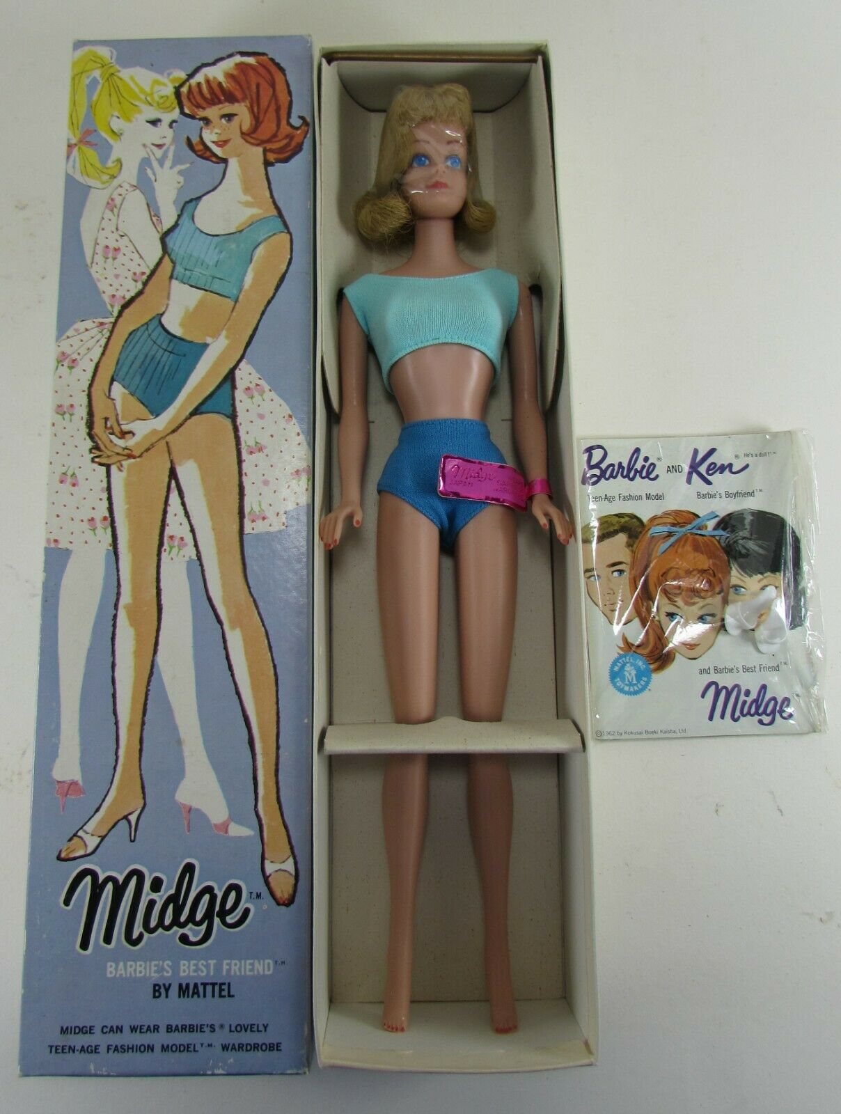 vintage 1960's Blond Midge Doll 860 Head Bag Wristband sealed book with shoes NM