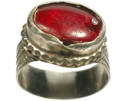 Intricate 18thc Crimean Tatar Silver Alloy Ruby Red Glass "gemstone" Ring Sz 10