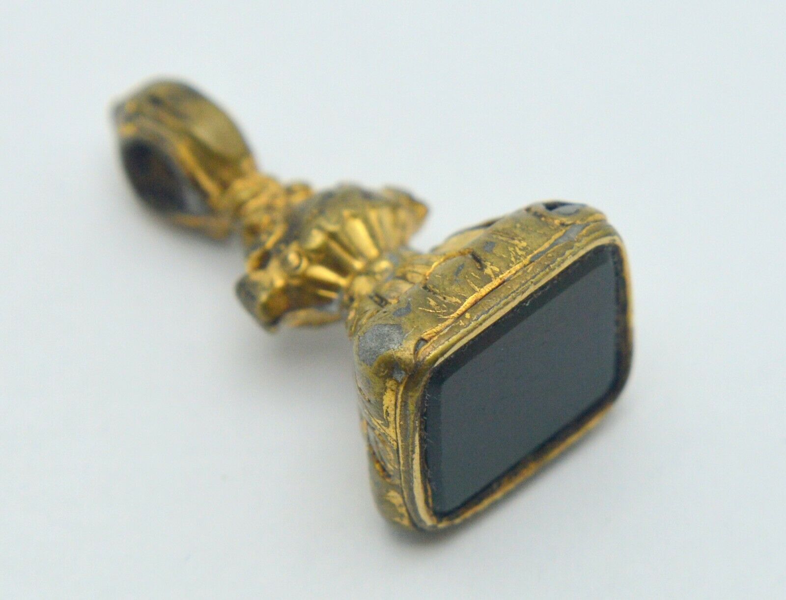 Antique Victorian Seal Stamp Watch Fob Dark Green Agate Stone Pendant Gold Cored