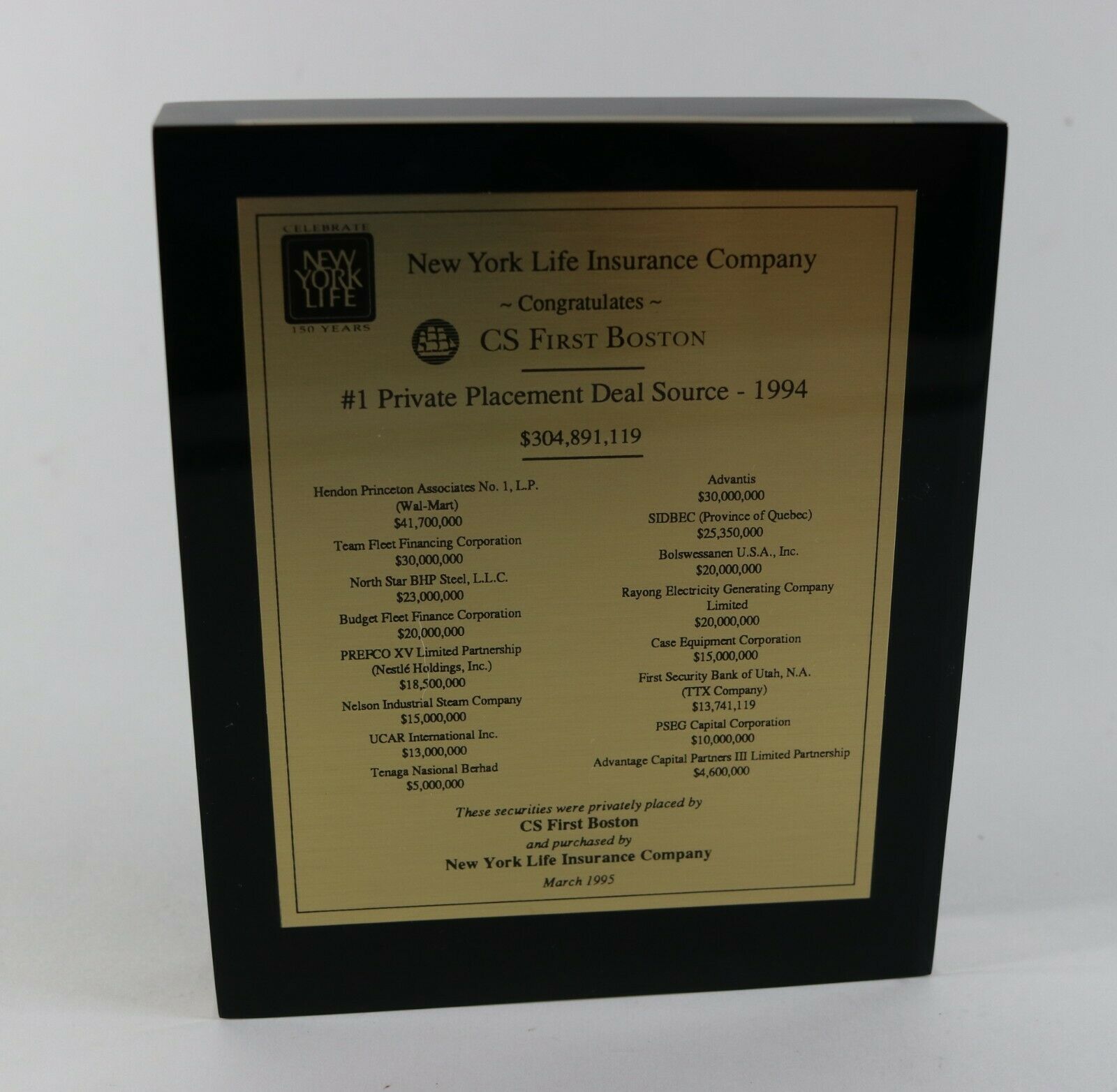 Vtg 1994 New York Life Insurance Cs First Boston Acrylic Lucite Award Tombstone