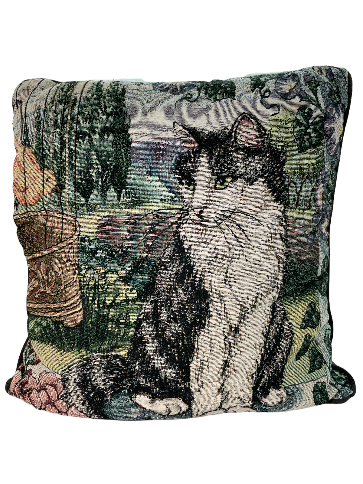 Vintage Tapestry Cat & Bird In Garden 15.5