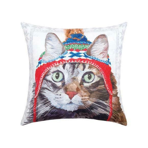 Winter Hat Cat & Squirrel Indoor/outdoor Printed Christmas Decorative Pillow
